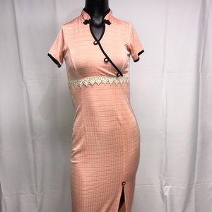 Vintage coral pink lacy mandarin maxi dress